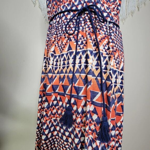 Lucky Brand Crochet Top Tie Waist Maxi Dress Blue Orange Size L Boho Summer - Picture 12 of 14